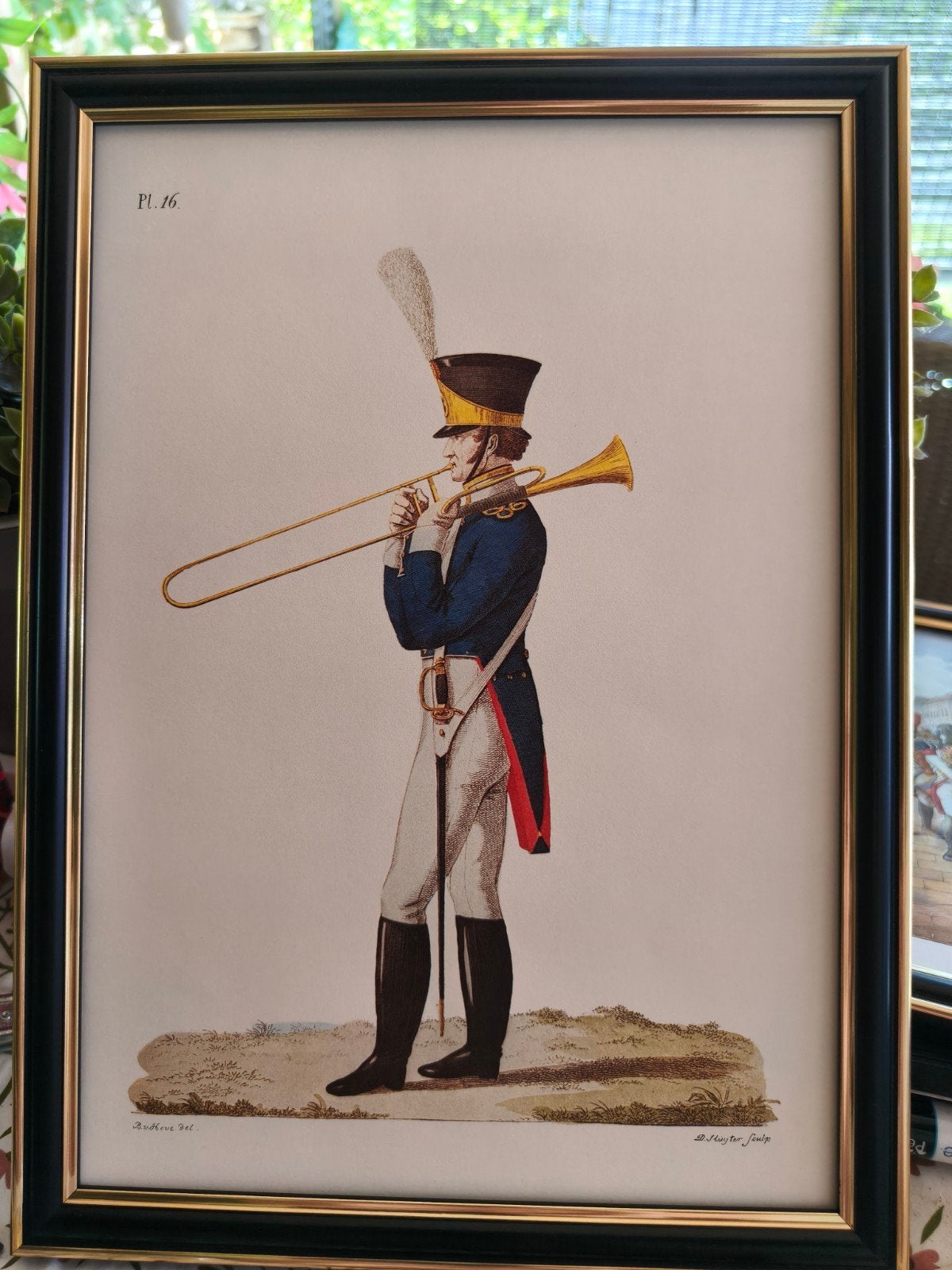 Antieke Gravure: Militair met Trombone (PL. 16), Antiek en Kunst, Ophalen of Verzenden