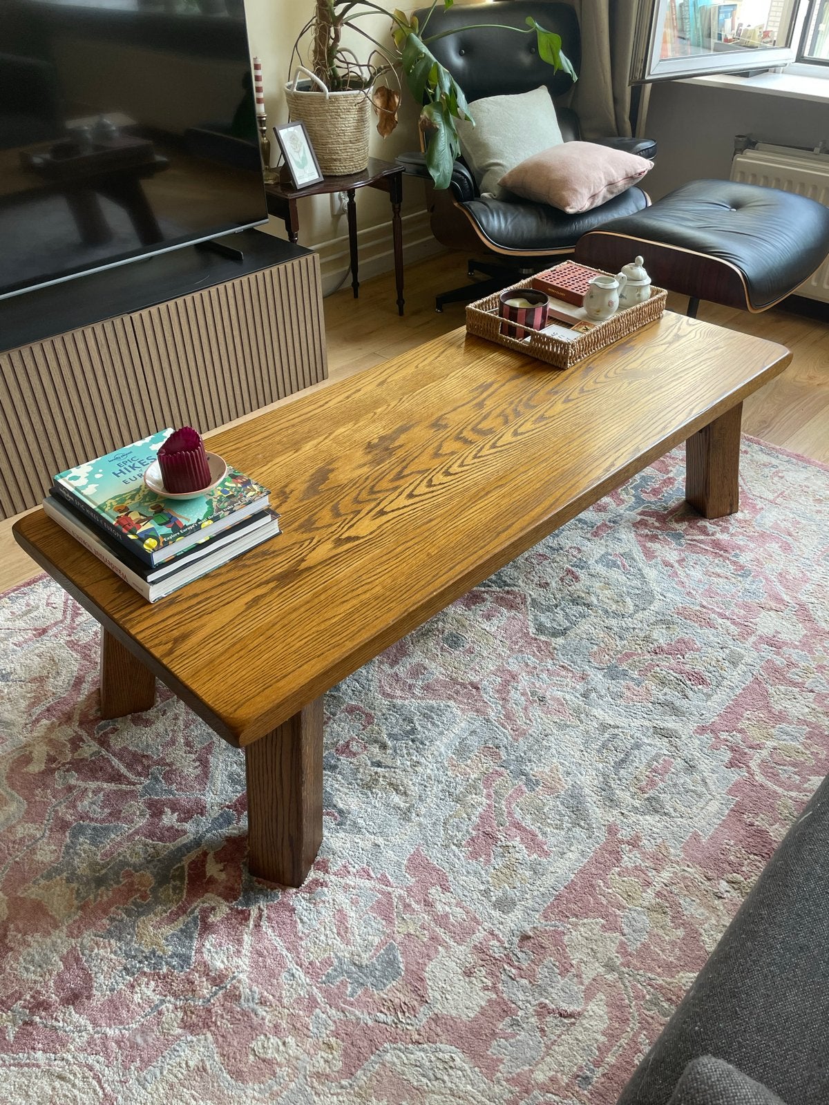 Massieve eikenhouten salontafel, Huis en Inrichting, Tafels | Salontafels, Ophalen, 100 tot 150 cm, Eikenhout, 50 tot 100 cm