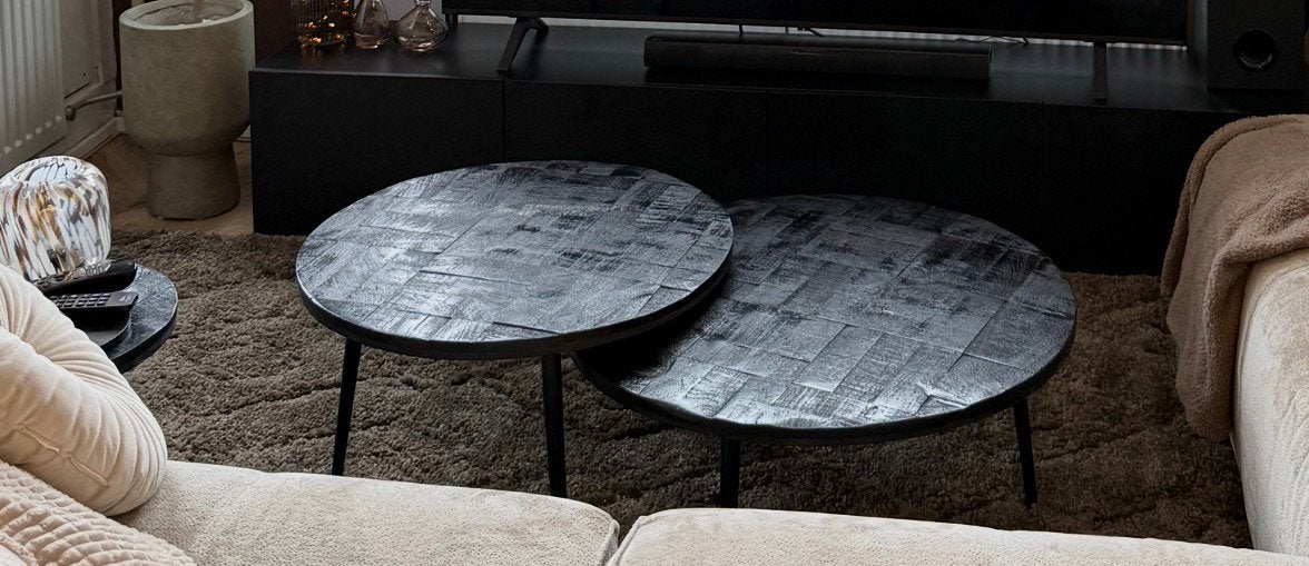 3 mango houten salontafels, Ophalen, Rond, 50 tot 100 cm, Zo goed als nieuw