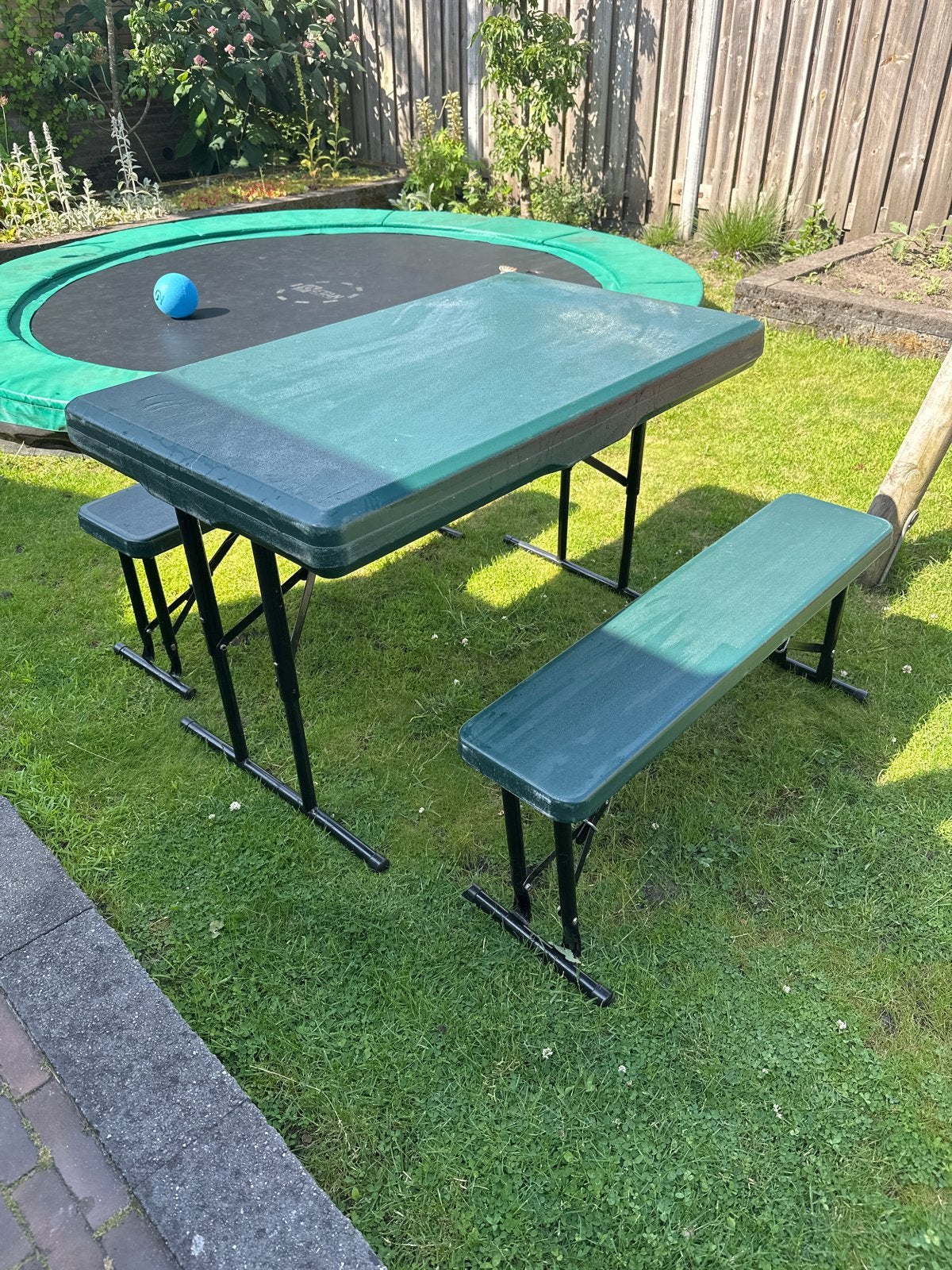 Inklapbare picknicktafel met losse banken, Tuin en Terras, Picknicktafels, Ophalen, Overige materialen, Gebruikt, Inklapbaar