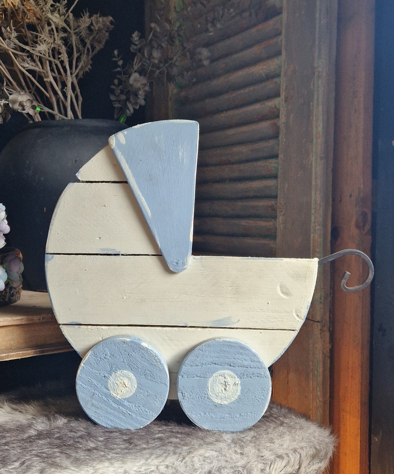 Decoratieve houten kinderwagen - Blauw/Crème, Ophalen of Verzenden, Jongen of Meisje