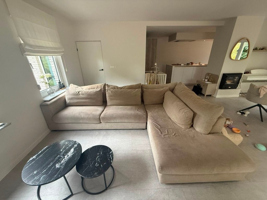 GRATIS op te halen: Stoffen loungebank beige 325 x 225, Ophalen, Gebruikt, Hoekbank, 300 cm of meer