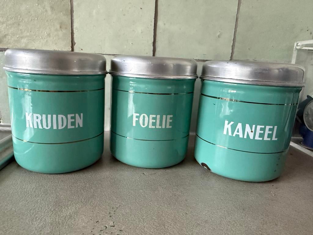 Vintage voorraadpotten (3 stuks) - Kruiden, Foelie, Kaneel, Ophalen of Verzenden, Voorraadpot, Metaal, Overige merken