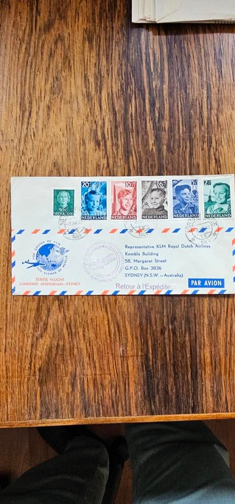 KLM envelop 1e vlucht Amsterdam-Sydney 7 december 1951, Verzamelen, Verzenden, 1940 tot 1960
