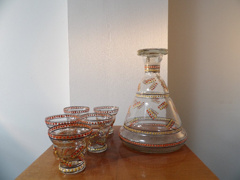 Art Deco Likeur Set - Boheems, Oranje/Geel Emaille, Ophalen of Verzenden