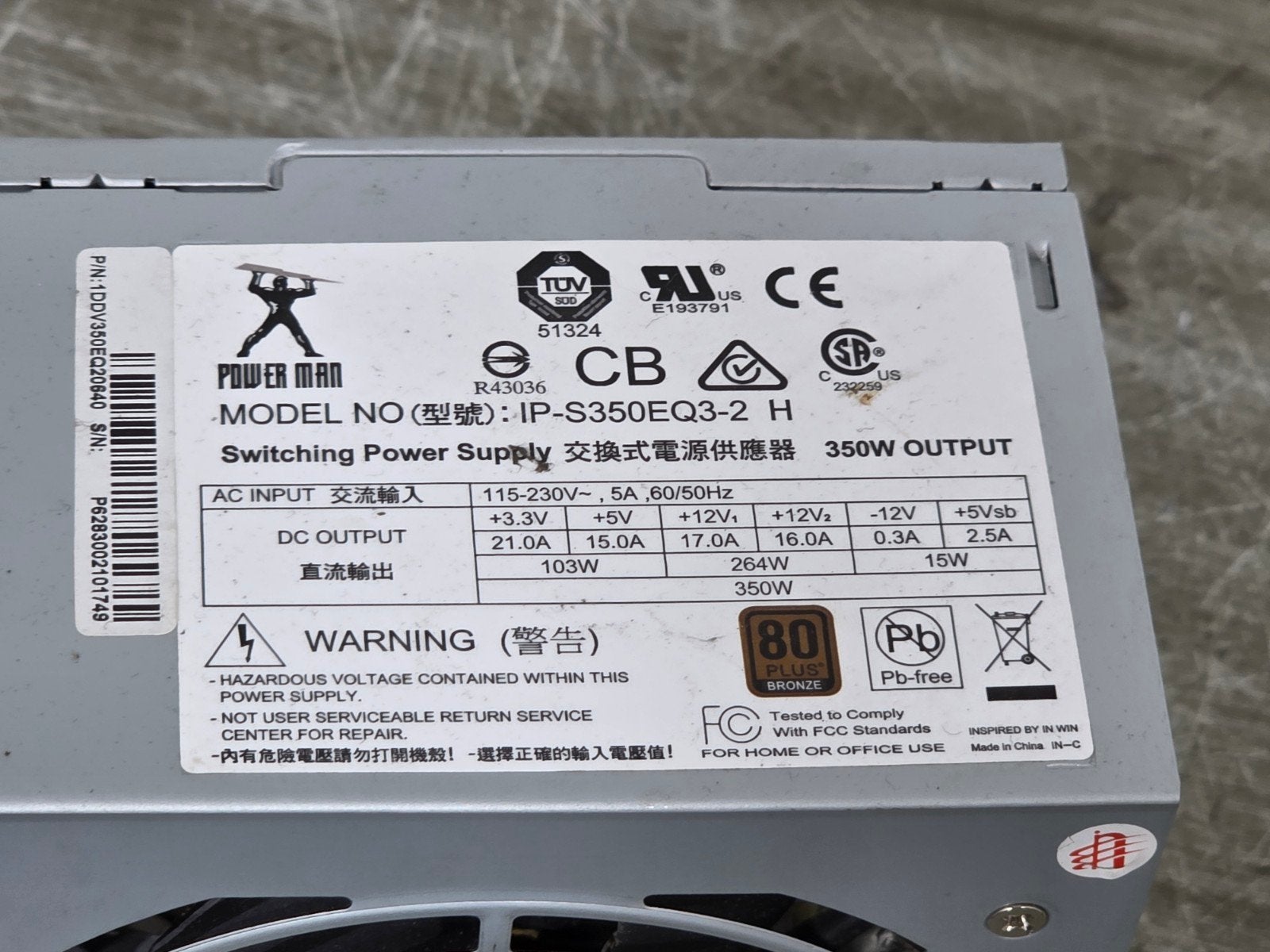 Power man 350w max voeding psu power supply ip-s350eq3-2 h, Gebruikt, ., Ophalen of Verzenden, .