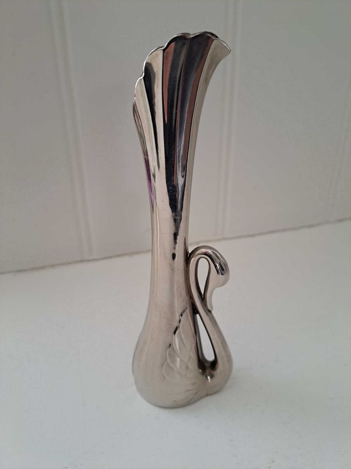 Zilverkleurige vaas met zwaanmotief, 18 cm lang, Ophalen of Verzenden