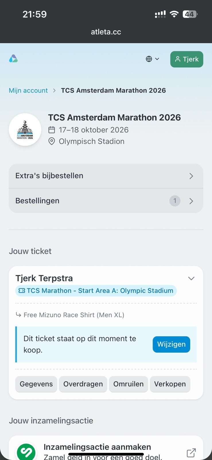 TCS Ticket Marathon Amsterdam - Start Area A:Olympic Stadium, Eén persoon, Oktober