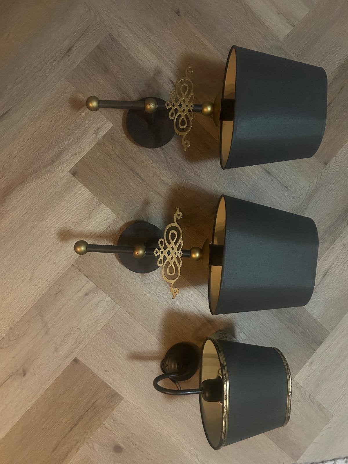 Set van 3 wandlampen met donkerbruin/gouden ovale kapjes, Huis en Inrichting, Ophalen, Gebruikt, Bruin, Metaal
