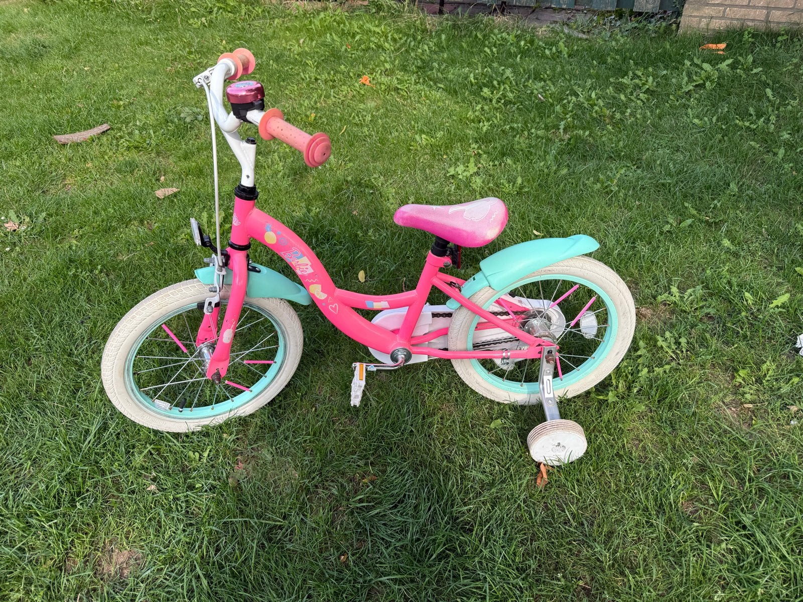 Barbie kinderfiets 16 inch met zijwieltjes, Ophalen, Zijwieltjes, Velgrem, 16 tot 20 inch