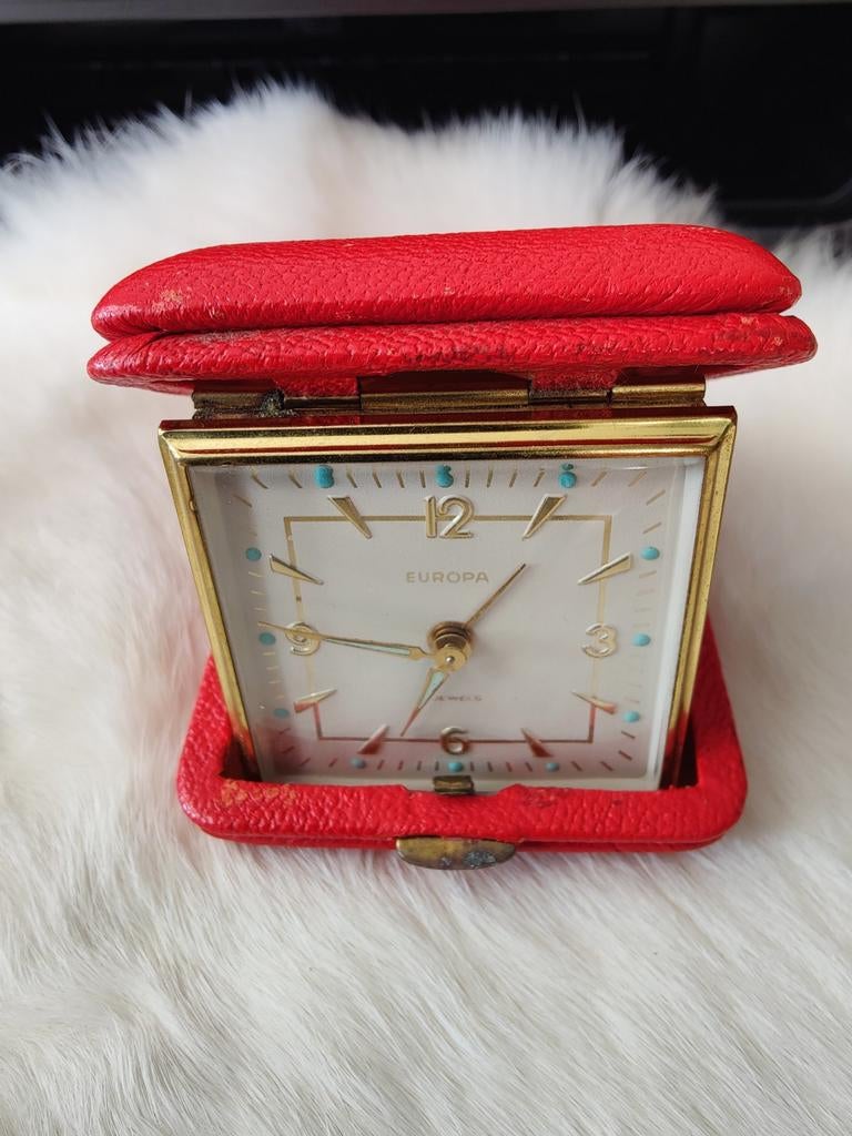Vintage Europa Reiswekker - Rood Leer - 2 Jewels, Ophalen of Verzenden