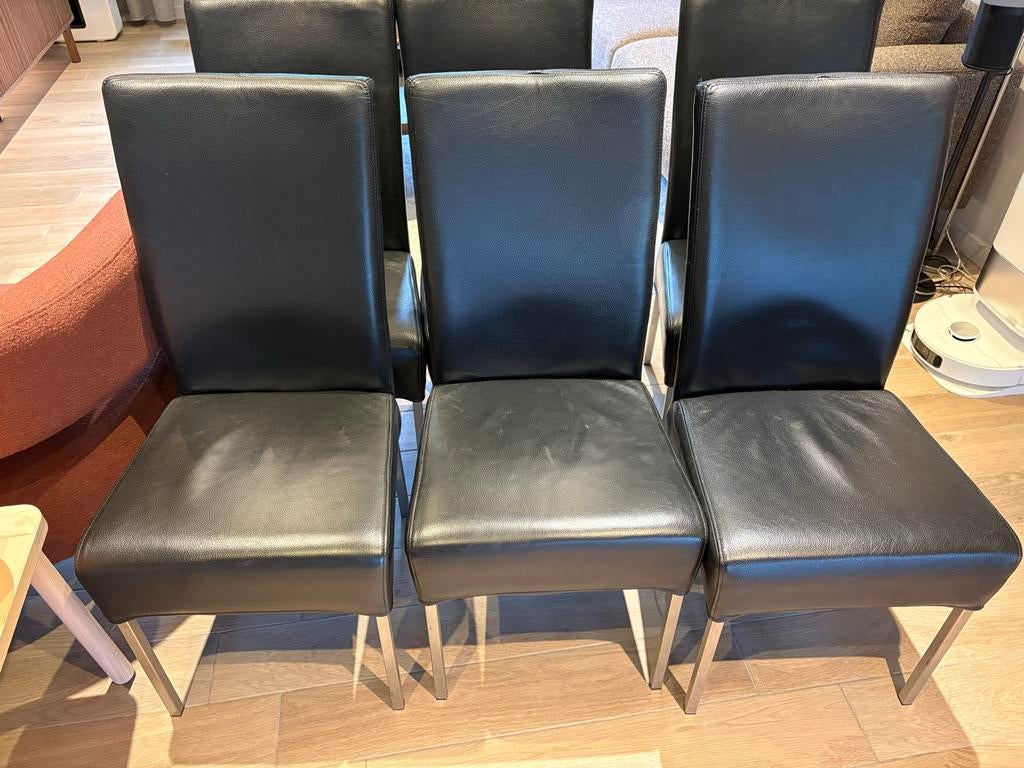 6 Zwarte Leren Eetkamerstoelen met Metalen Poten, Ophalen, Gebruikt, Zwart, Leer