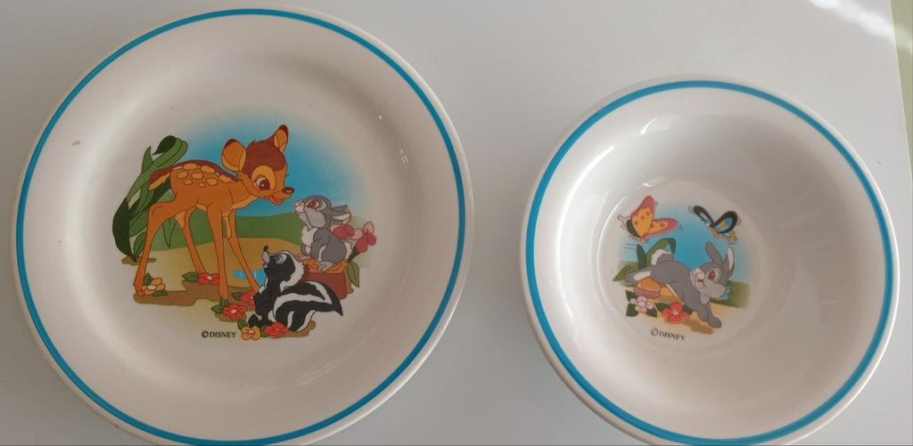 Vintage Disney Bambi ontbijtset: bord en kom, Ophalen of Verzenden, Bambi of Dumbo, Gebruikt, Beeldje of Figuurtje
