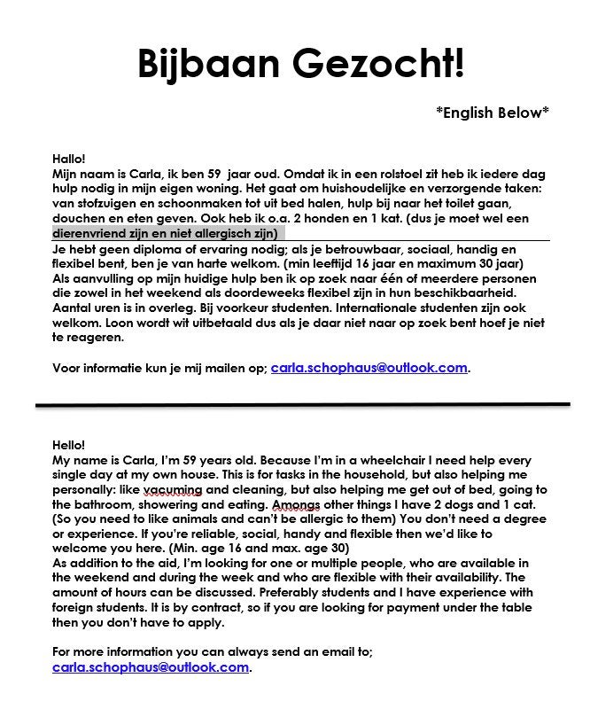 Hulp gezocht!!, Starter, Overige niveaus, Variabele uren, Geschikt als bijbaan
