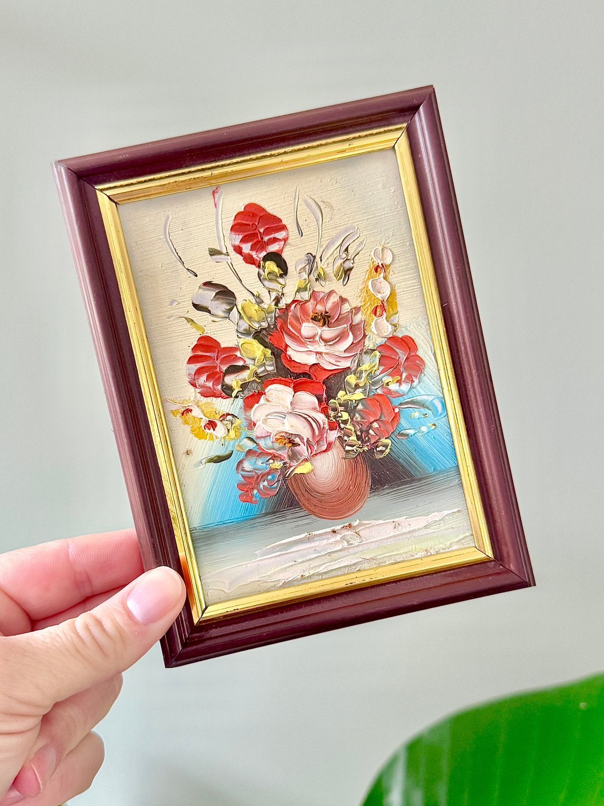 Vintage geschilderd bloemen schilderijtje lijstje wanddeco, Ophalen of Verzenden, Gebruikt, Meerkleurig