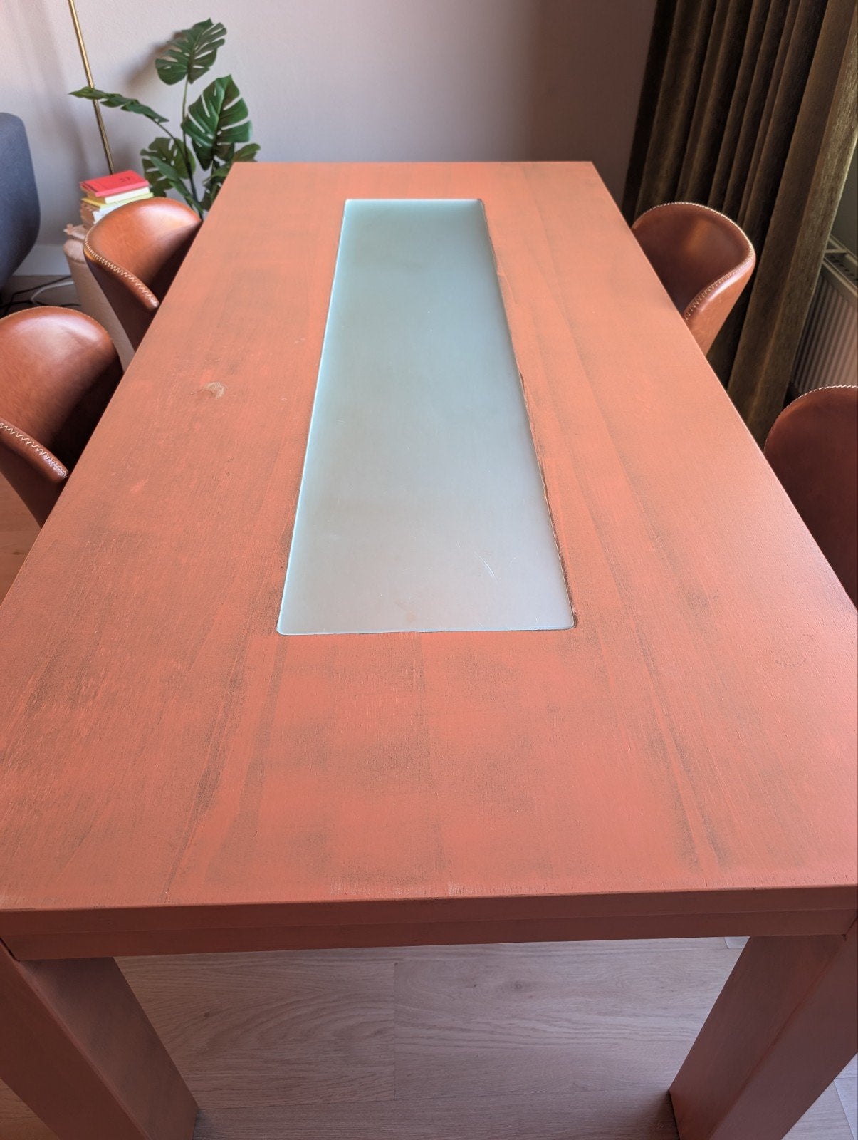 Solid wood table with glass inlay, Ophalen, Gebruikt, 50 tot 100 cm, 150 tot 200 cm