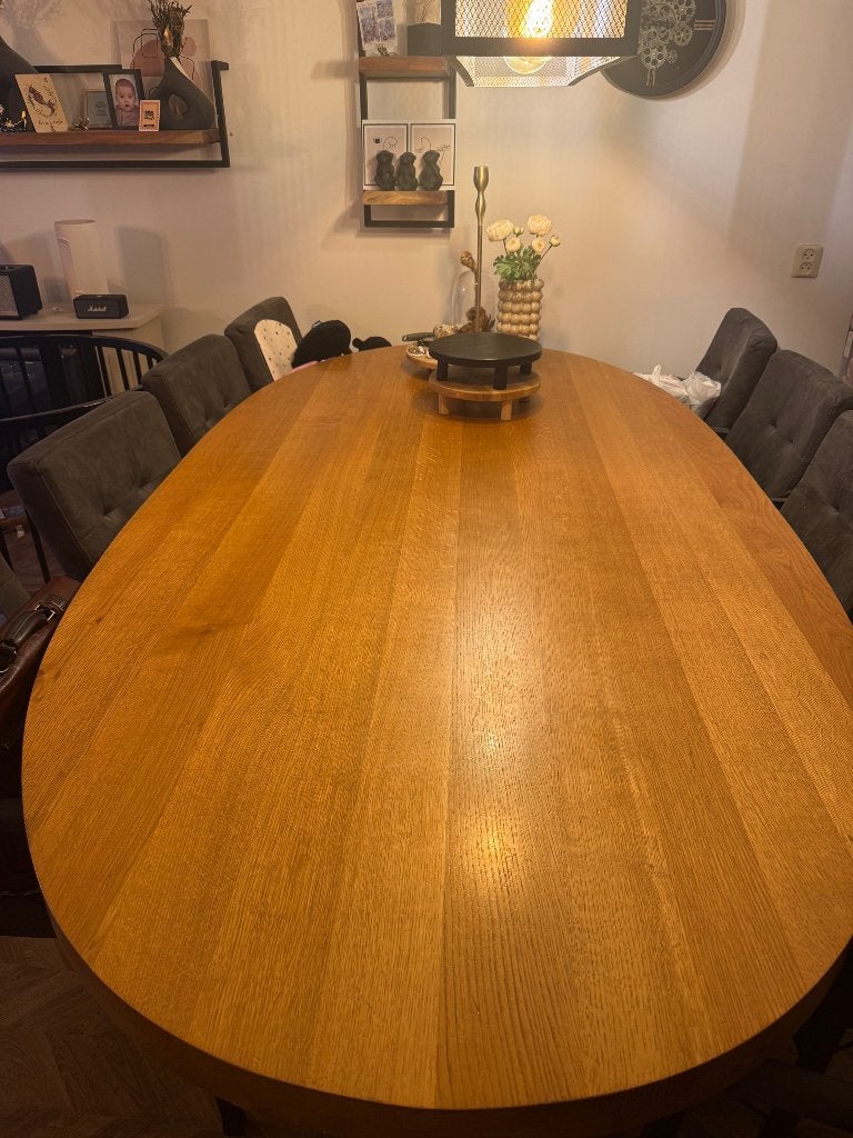 Massief eiken tafel ovaal te koop 2,5m bij 1,6, Huis en Inrichting, Ophalen, 100 tot 150 cm, Rustiek, Eikenhout