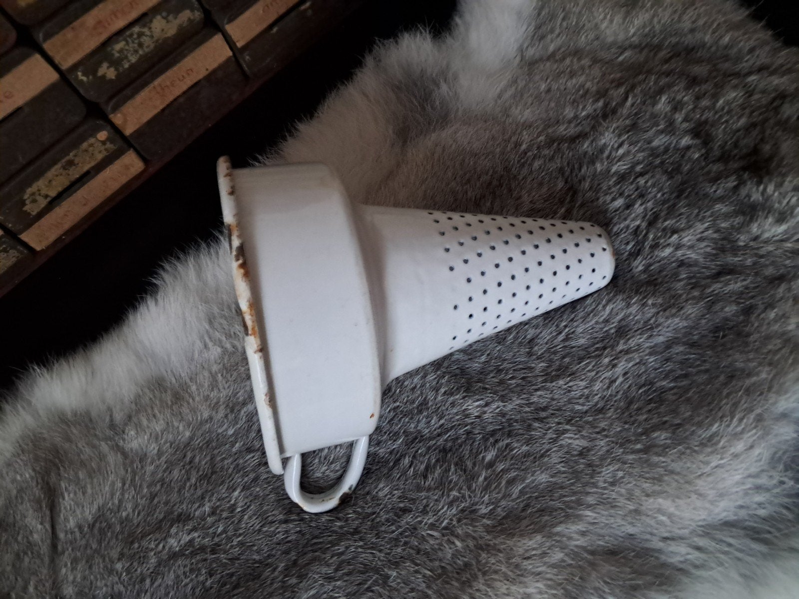 Vintage geëmailleerde puntzeef / passe-vite, Ophalen of Verzenden