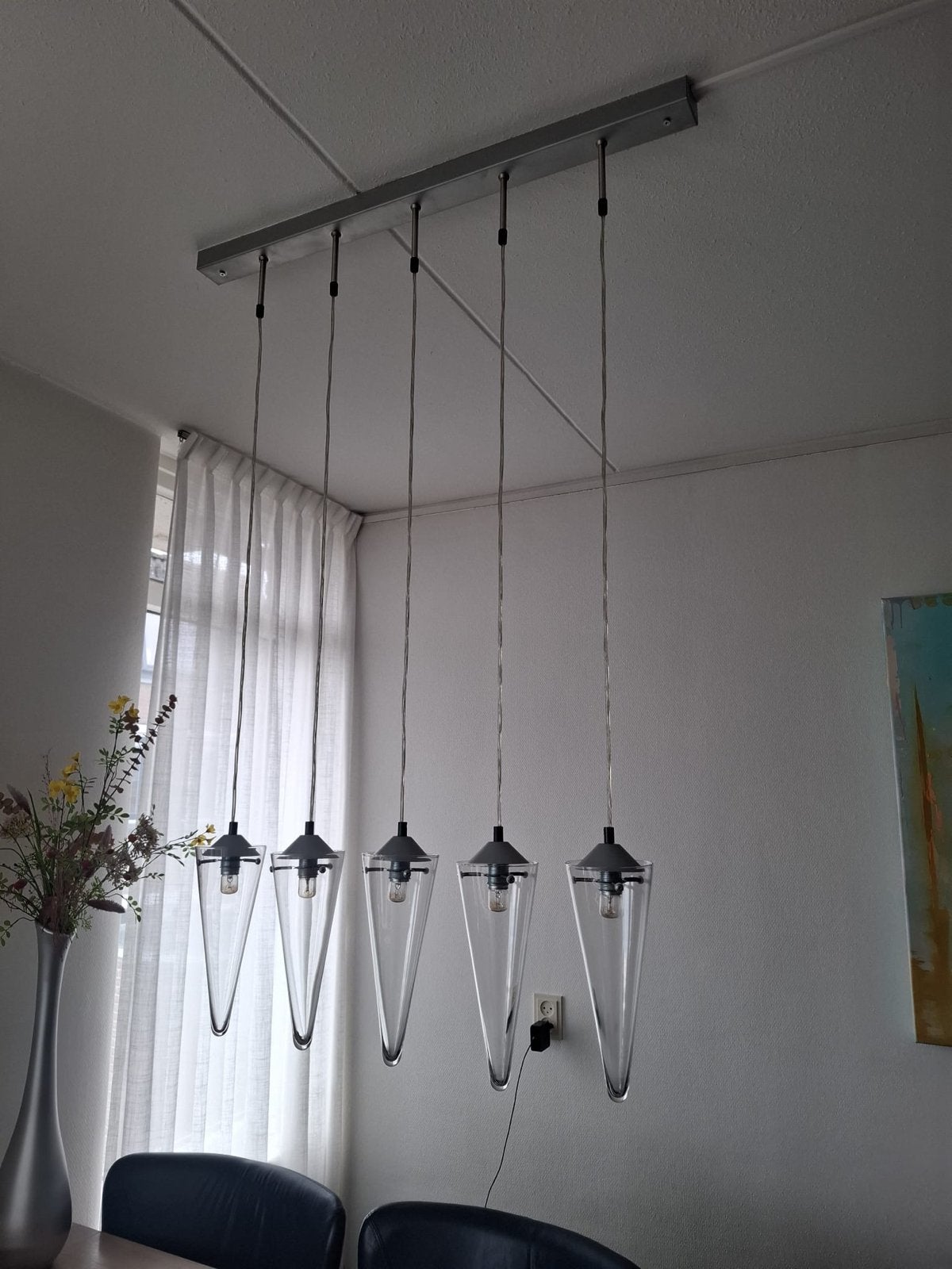 Moderne hanglamp met 5 glazen kappen, Ophalen, Gebruikt, Glas, E27 (groot)