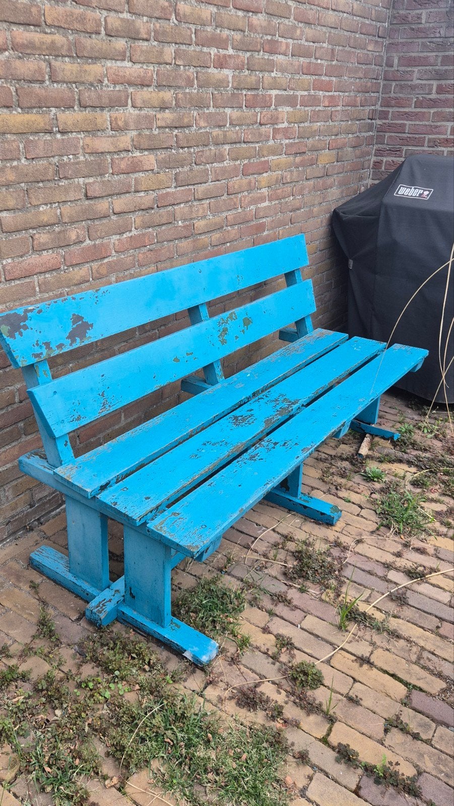 Blauw houten bankje, Ophalen, Gebruikt, Hout