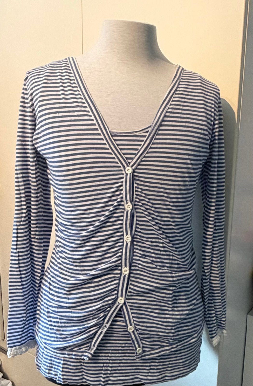 Kyra & Co Twin-set XL - Blauw Wit Gestreept l kanten manchet, Meerkleurig, Maat 46/48 (XL) of groter, Ophalen of Verzenden, Zo goed als nieuw