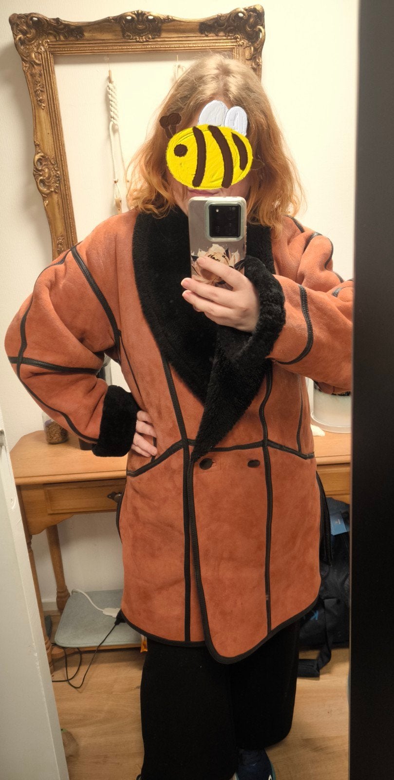 Warme suède jas met wol, maat 42, roestbruin, oranje, Ophalen of Verzenden, Zo goed als nieuw, Maat 42/44 (L), Bruin