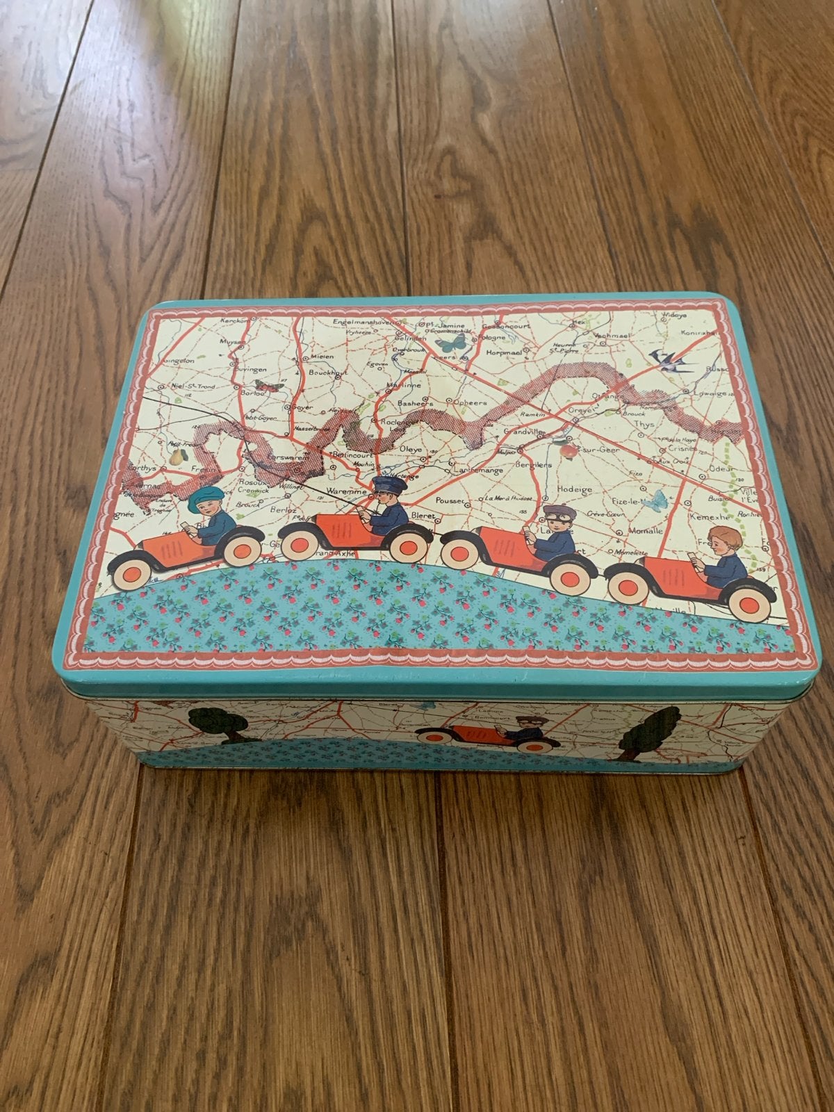 Vintage look blikken doos met kaart en auto's, Verzamelen, Ophalen of Verzenden, Gebruikt