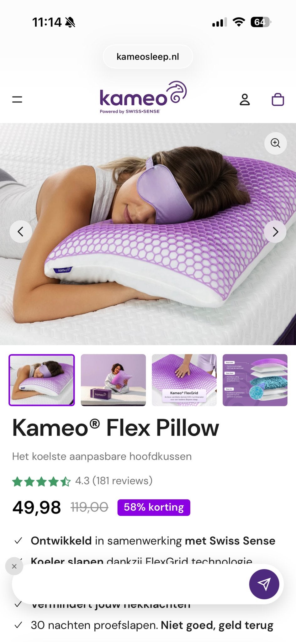 Kameo Flex Pillow - Het koelste aanpasbare hoofdkussen, Ophalen, Schuim, Eenpersoons, Paars