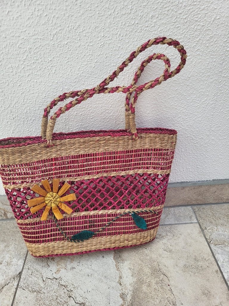 Strandtas van riet/stro handwerk (ref;d390), Ophalen of Verzenden, Nieuw, Roze, Overige typen