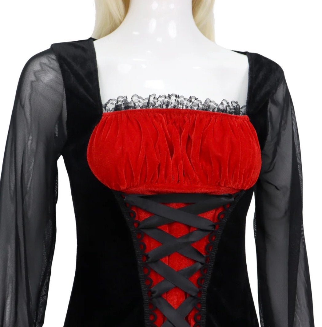 Velours jurk rood/zwart XL - Themafeest/Oktoberfeest, Maat 46/48 (XL) of groter, Ophalen of Verzenden, Kleding, Overige thema's