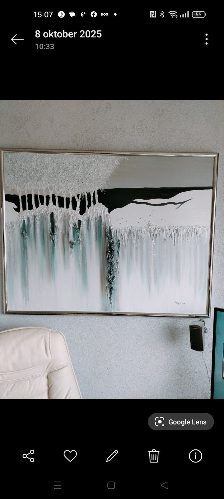 Modern handgeschilderd waterval schilderij Marjan Teunen, Antiek en Kunst, Handgeschilderd, Gemengde techniek, Overige materialen