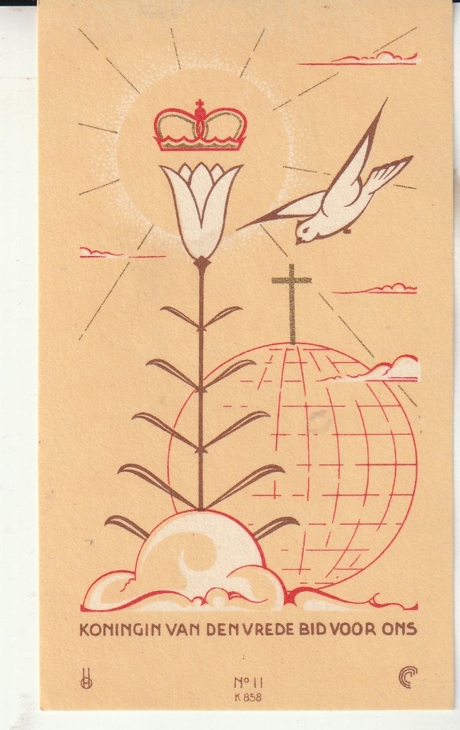 Vintage prentje Koningin van de Vrede, Verzamelen, Ophalen of Verzenden, Gebruikt, Kaart of Prent, Christendom | Katholiek