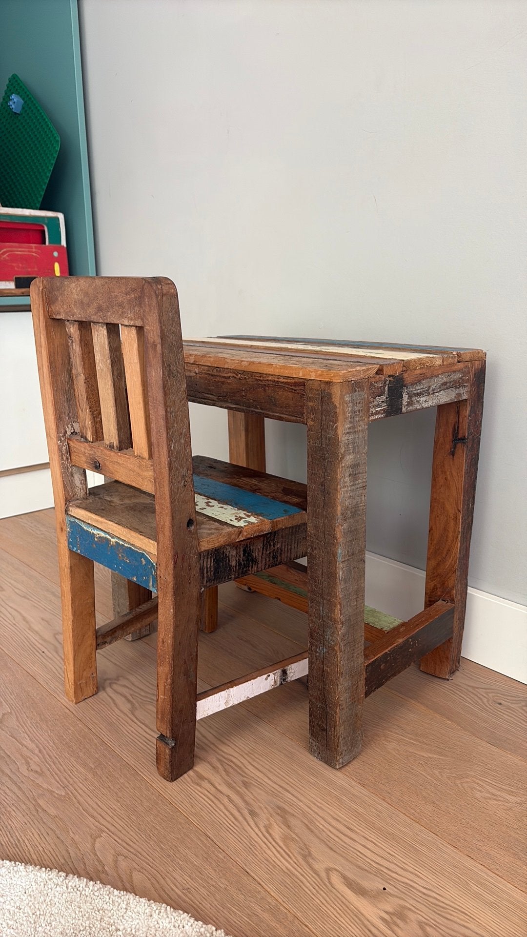 Unieke vintage kindertafel + stoel oud steigerhout/sloophout, Ophalen, Zo goed als nieuw, Tafel(s) en Stoel(en)