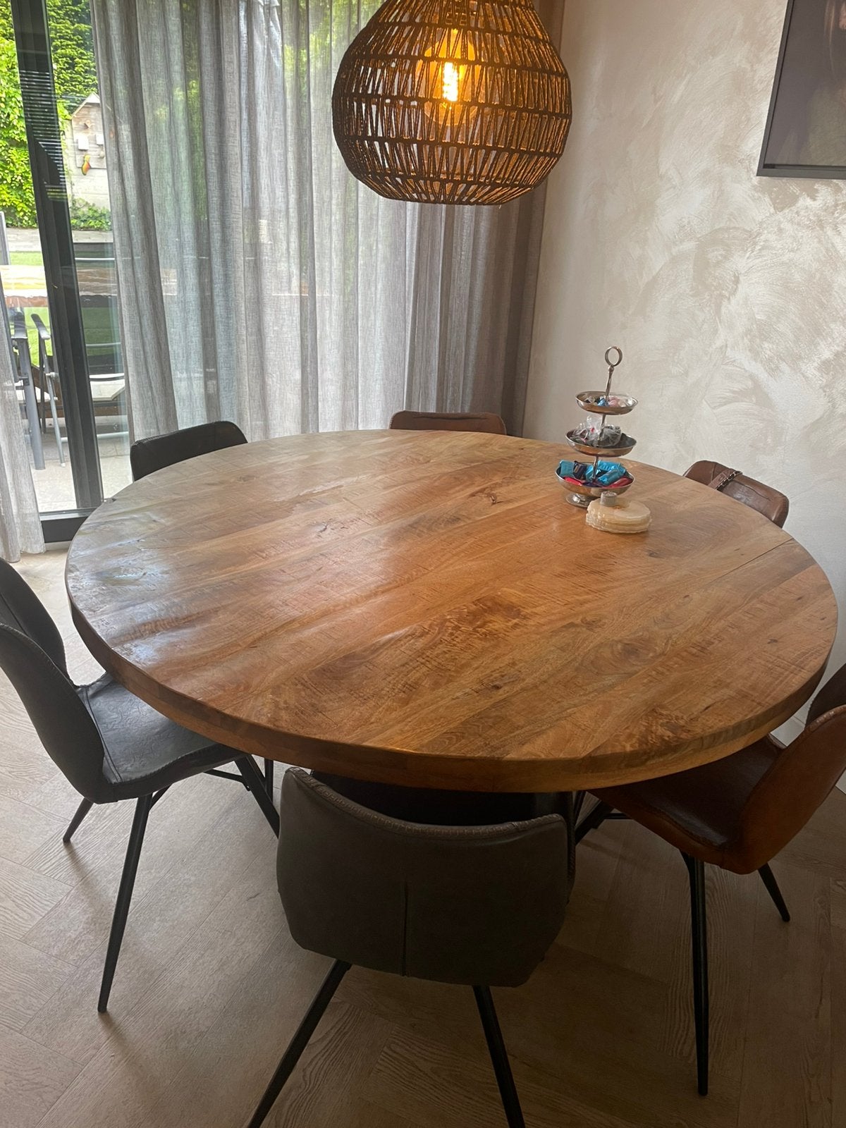 Mango houte tafel 150, Gebruikt, 150 tot 200 cm, Rond, Ophalen of Verzenden