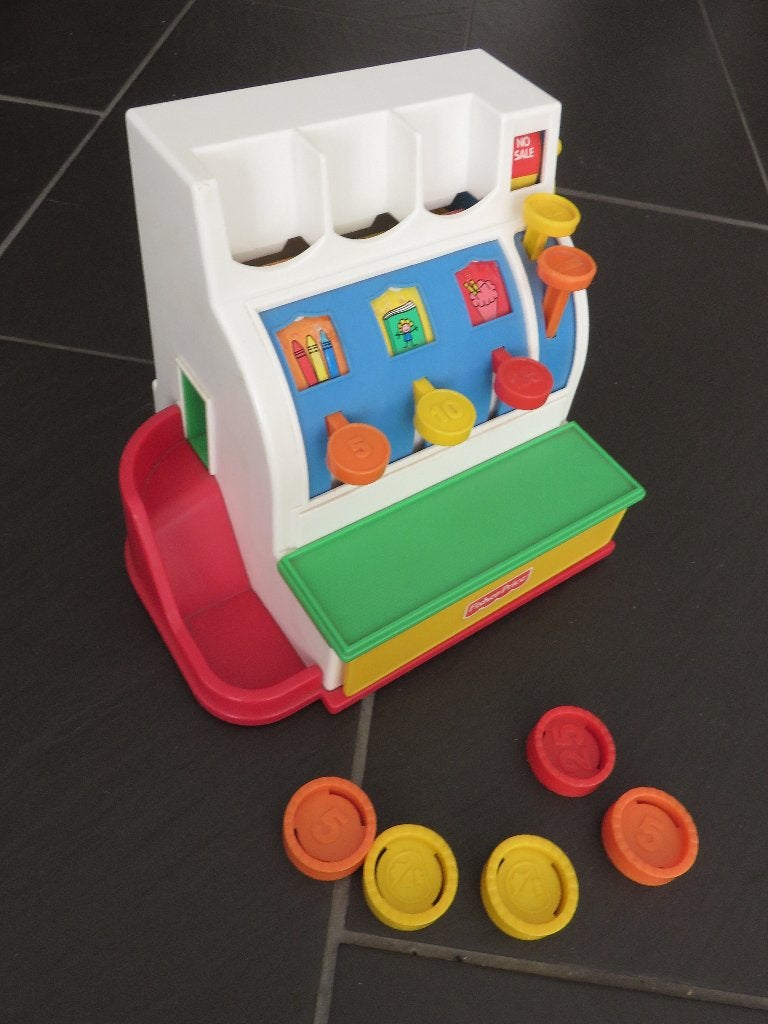 Fisher price kassa met 5 munten, vintage., Kinderen en Baby's, Speelgoed | Fisher-Price, Ophalen of Verzenden, Gebruikt, Speelset