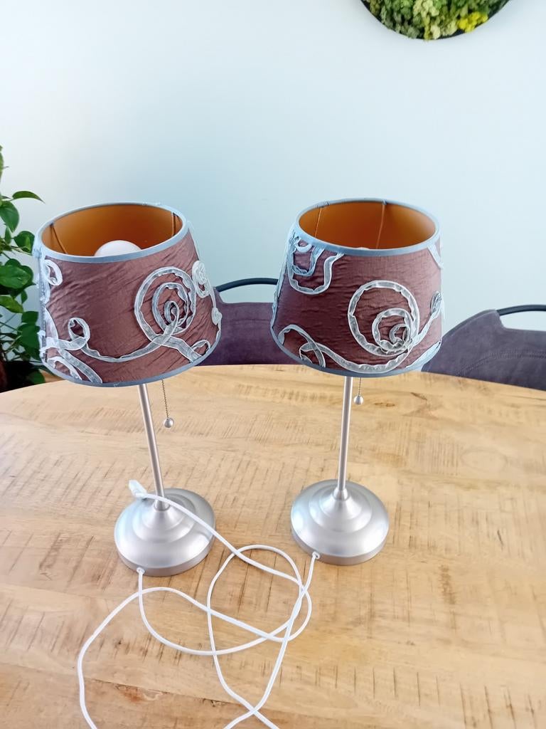 Set van 2 schemerlampen met bruine stoffen kap, Gebruikt, Klassiek, Sfeervol, Ophalen of Verzenden, Stof
