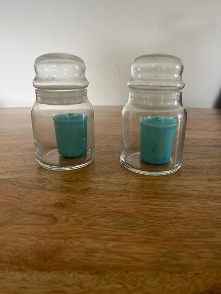 Glazen potjes met deksel en kaarsjes (2 stuks), Ophalen of Verzenden, Zo goed als nieuw