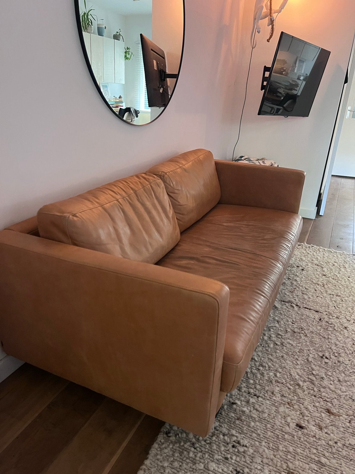 Leren 3-zitsbank - Cognac - Goossens, Huis en Inrichting, Ophalen, Gebruikt, Driepersoons, Rechte bank