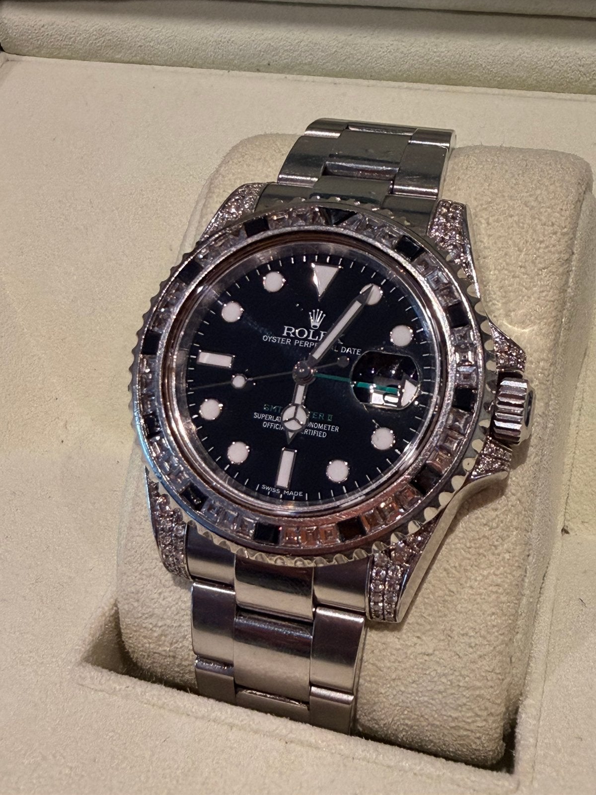 Rolex gmt master 2 custom diamond & sapphire, Sieraden, Tassen en Uiterlijk, Ophalen, Zo goed als nieuw, Staal, Rolex