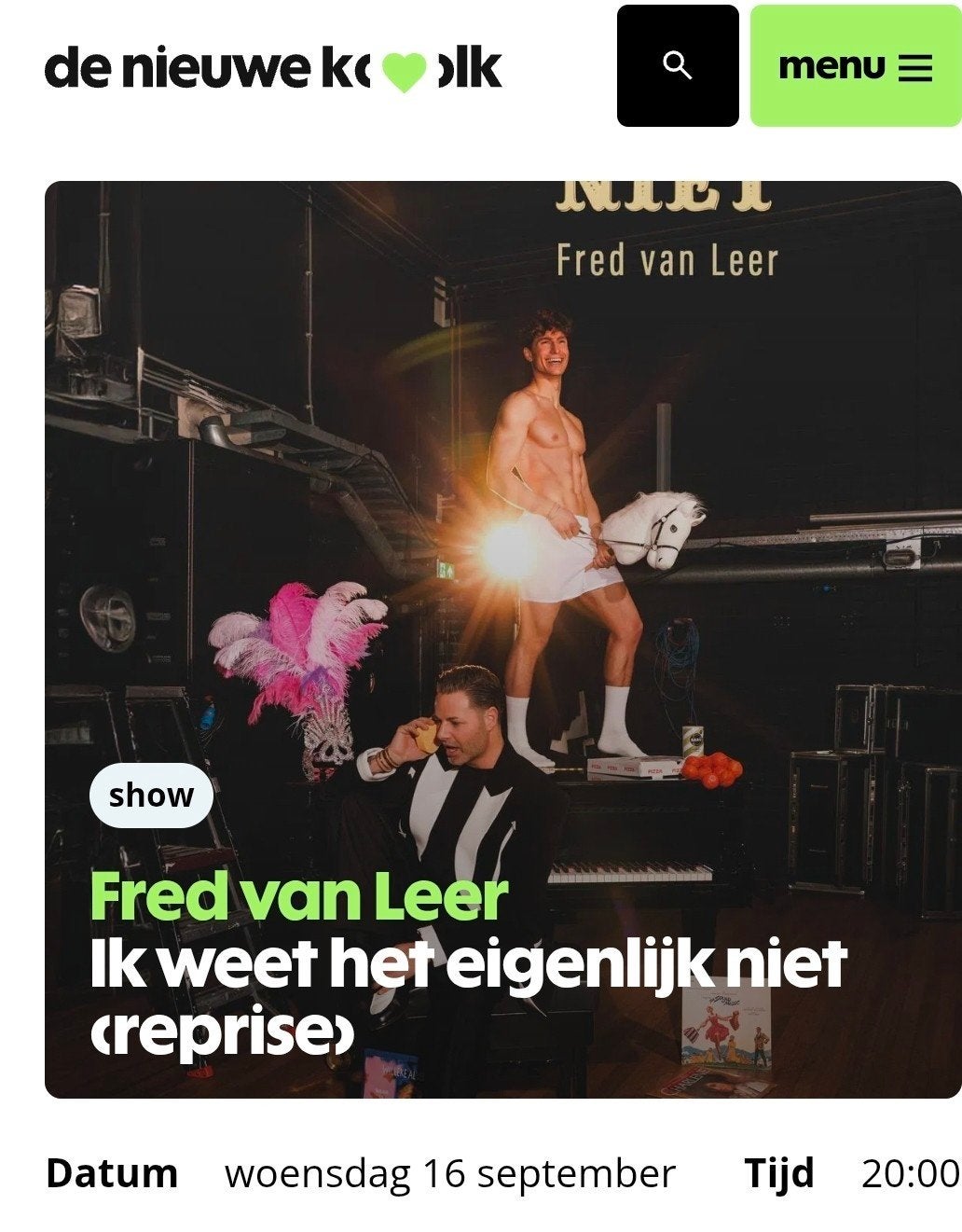 Twee kaarten voorstelling Fred van Leer. DNK Assen 16 sep, Tickets en Kaartjes, Twee personen, September