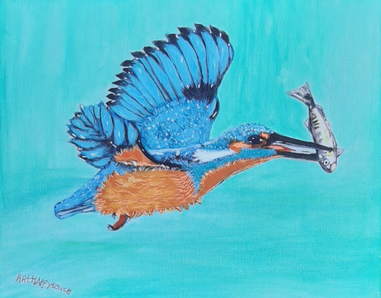 Schilderij IJsvogel met visje in kleurrijk acryl op canvas, Antiek en Kunst, Kunst | Schilderijen | Modern, Ophalen of Verzenden