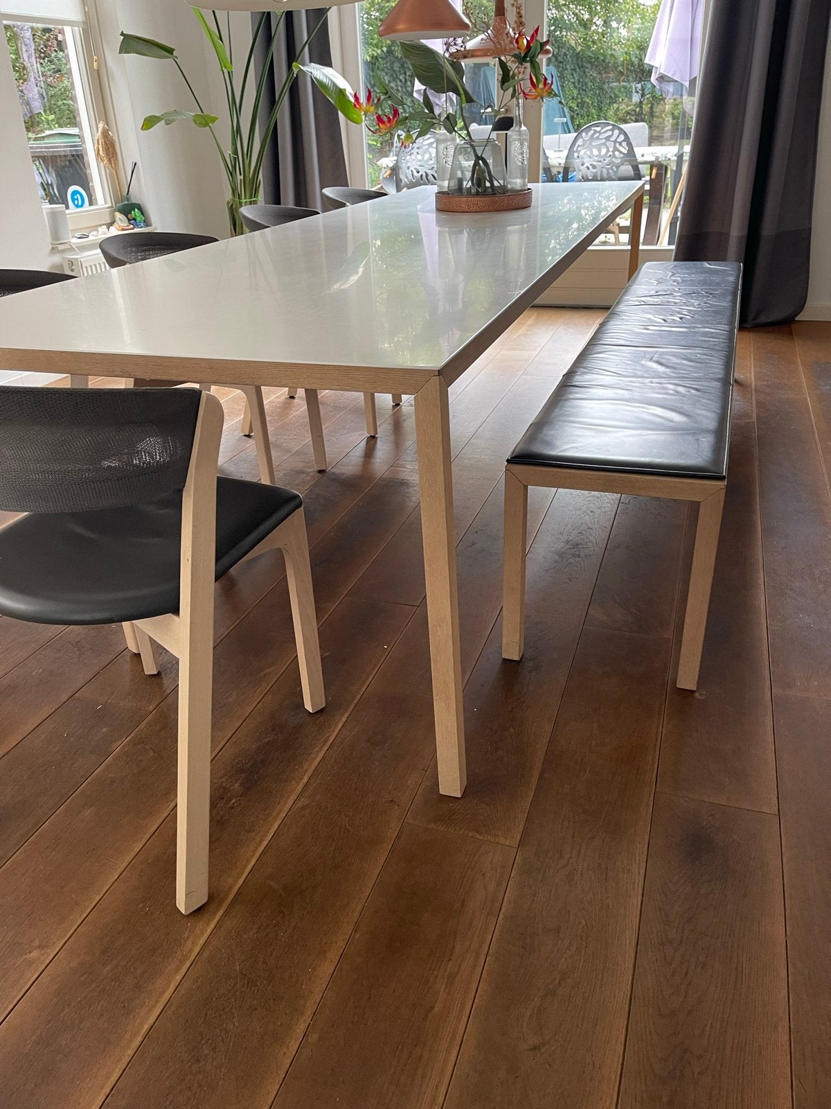 Arco eettafel met 5 stoelen en bankje, Huis en Inrichting, Ophalen, Gebruikt, Grijs, Vijf, Zes of meer stoelen