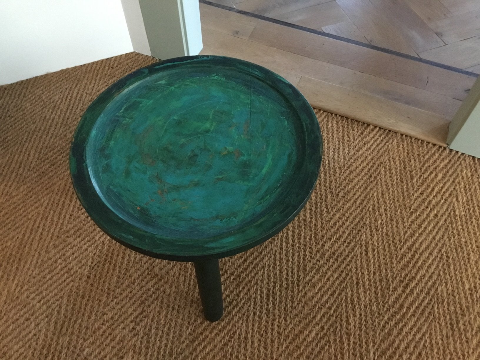 Tafeltje artistiek in blauw-groene kleuren 45x40, Minder dan 55 cm, Rond, Zo goed als nieuw, Ophalen