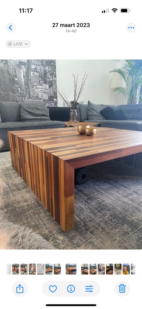 Massief houten salontafel 120x120 cm, Ophalen, Gebruikt, 100 tot 150 cm, Vierkant