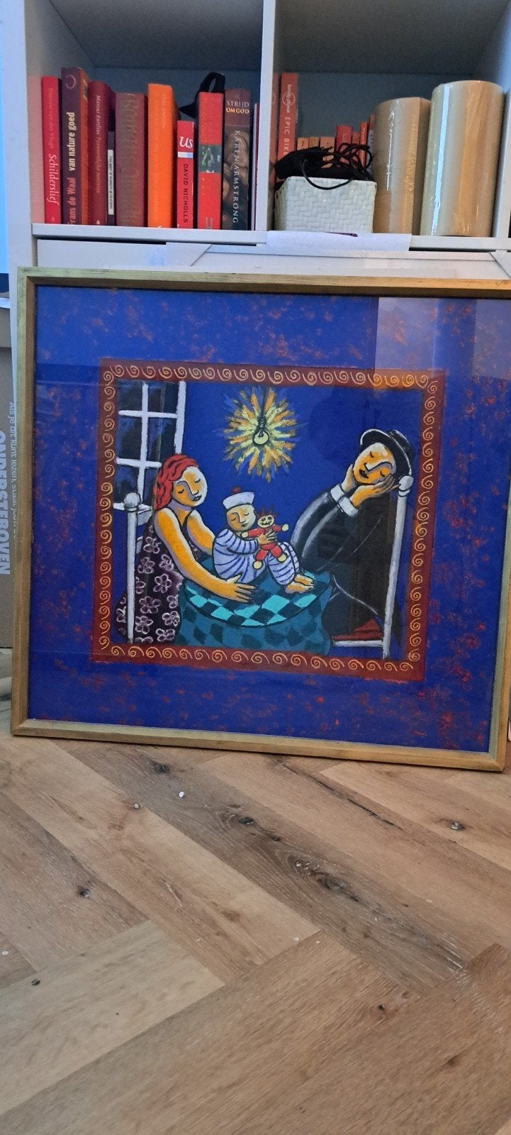 Schilderij Jacques Tange - Familie tafereel, Figuren, Ophalen of Verzenden, Achter glas, Overige materialen