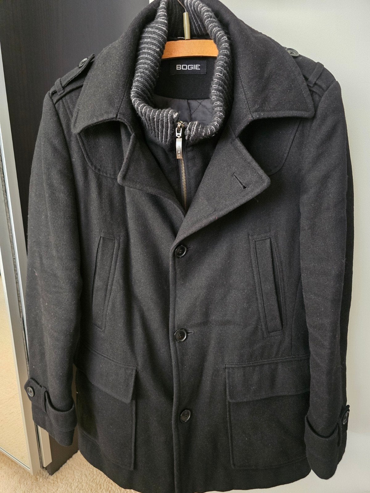 Stoere zwarte heren peacoat winterjas Bogie – Maat L, Ophalen of Verzenden, Zo goed als nieuw, Maat 52/54 (L), Grijs