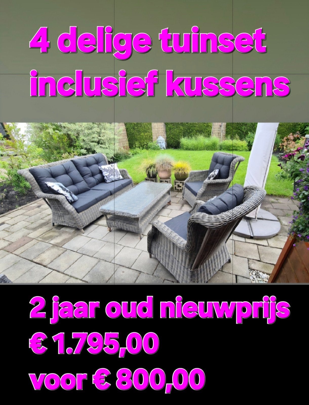 4-delige Wicker Loungeset met Kussens, Tuin en Terras, Tuinsets en Loungesets, Ophalen, 4 zitplaatsen, Loungeset, Wicker