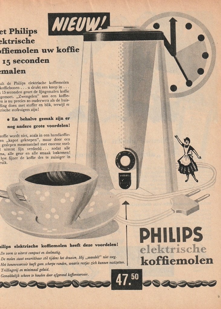 Retro reclame 1956 Philips electrische koffiemolen doelmatig, Verzenden, Overige typen
