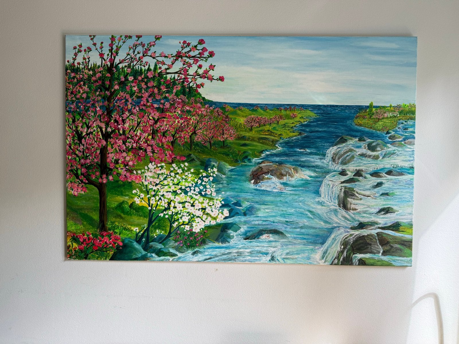 Schilderij: Bloeiende bomen aan de rivier, Antiek en Kunst, Doek, Realistisch, Ophalen of Verzenden, Olieverf