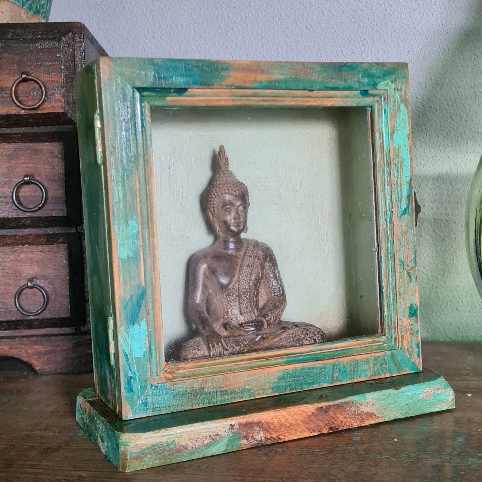 mini vitrinekastje pronkkastje altaartje vintage India stijl, Groen, Hout, Boho, Ophalen of Verzenden